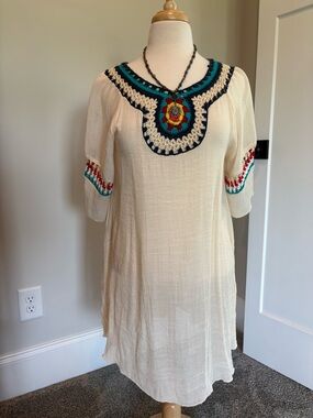 Boho Crochet-Trim Ivory Tunic Beachwear/Cover Up